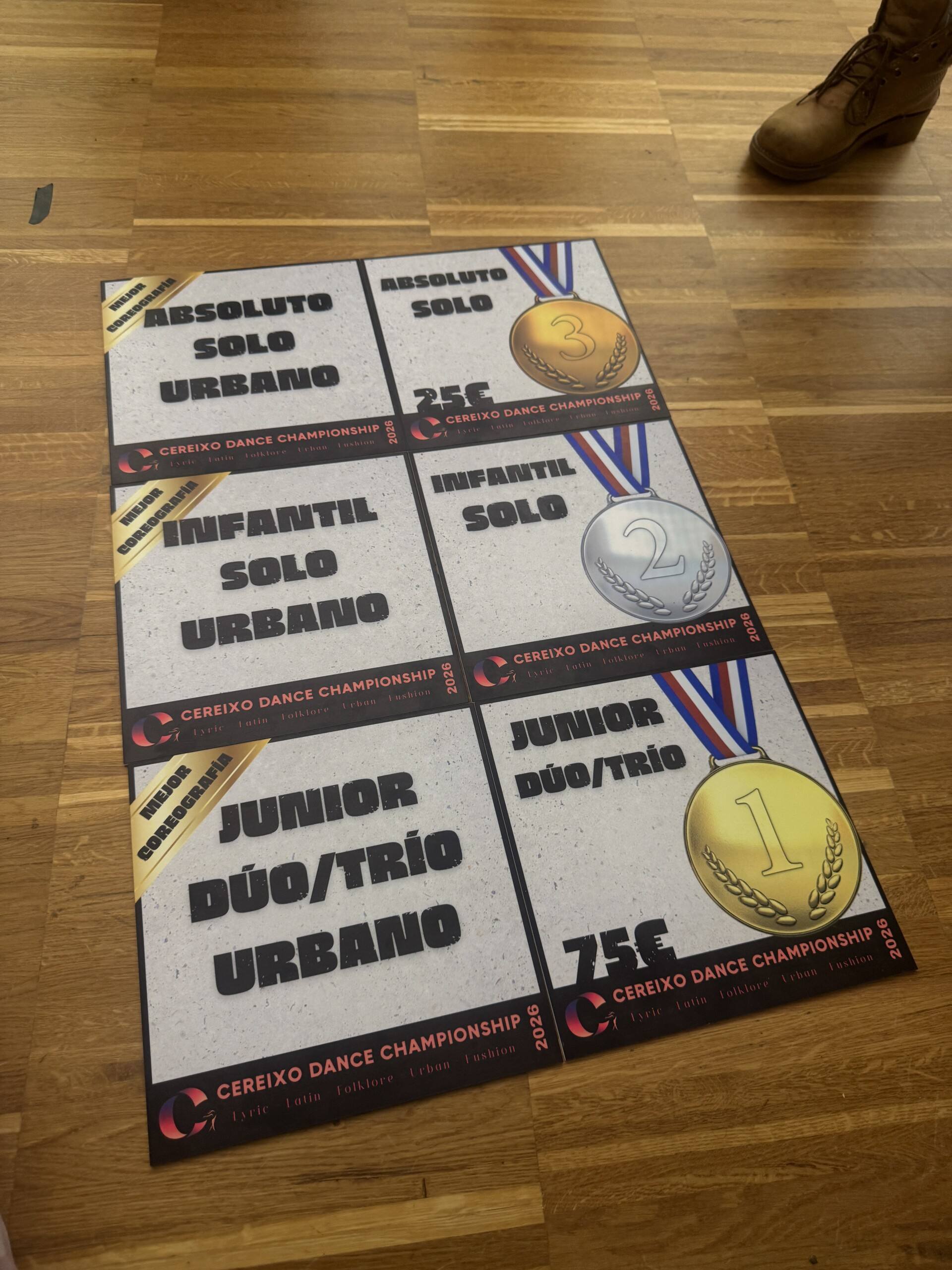 Carteles de premios del Cereixo Dance Championship 2026: medallas de urbano en categorías infantil, junior y absoluto